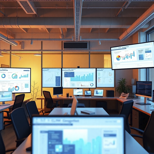 A photorealistic image of a modern office workspace with multiple screens displaying integrated data from CRM, ECM and E-commerce platforms. The screens should show real-time data visualizations, highlighting efficiency and streamlined workflows.  Use a warm, inviting color palette and a well-lit environment to create a positive and productive atmosphere. The image resolution should be 4K, and focus on the ease of access to information and the efficient flow of work.