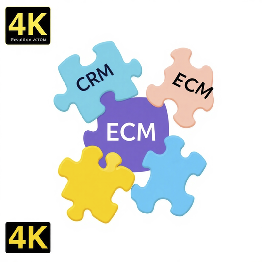 A stylized image of interconnected puzzle pieces, each representing CRM, ECM, and E-commerce, forming a complete picture. Use a bright, positive color palette to convey a sense of unity and wholeness. The image resolution should be 4K, and it should be visually appealing and easy to understand.