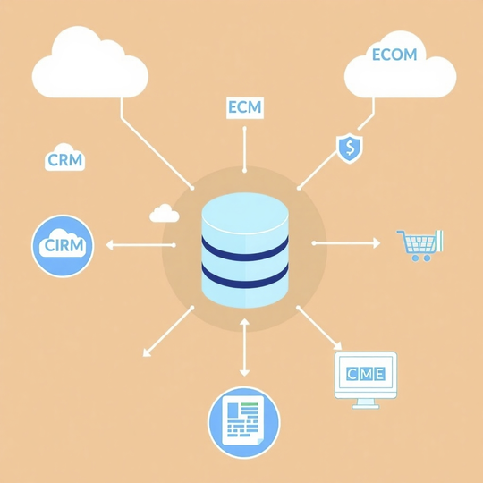 A stylized image representing a central database with data flowing from CRM, ECM, and E-commerce systems. Use a clean and modern visual style with a focus on data visualization and the secure flow of information.  Emphasize the concept of data unity and centralized control.  The color palette should be vibrant, modern and appealing.