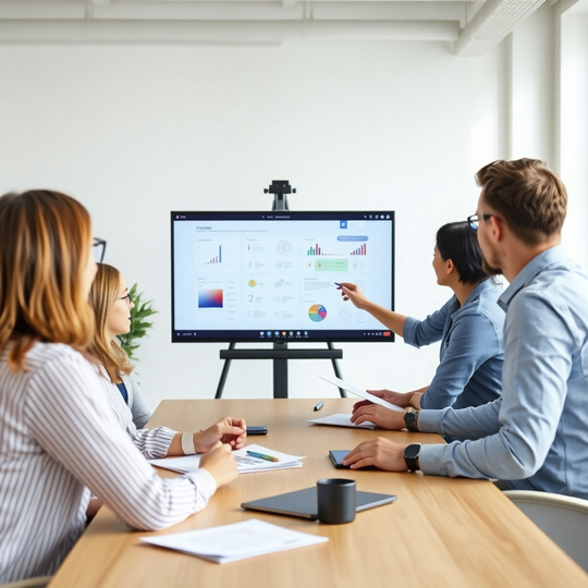 Image: A collaborative meeting between a client and development team, focusing on a shared screen or whiteboard displaying project plans and concepts. Style references include clean and modern office spaces. Use a natural lighting and a friendly atmosphere. Resolution: 4K.