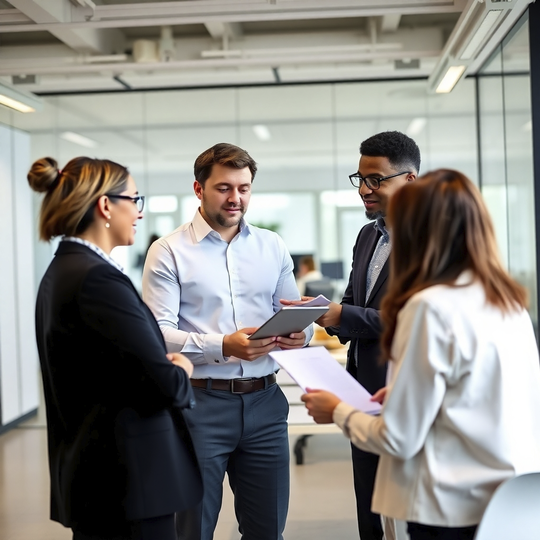 Image: A professional-looking project manager collaborating with a development team in a modern office setting. Style references include sleek and modern office spaces. Use a neutral color palette. Resolution: 4K.