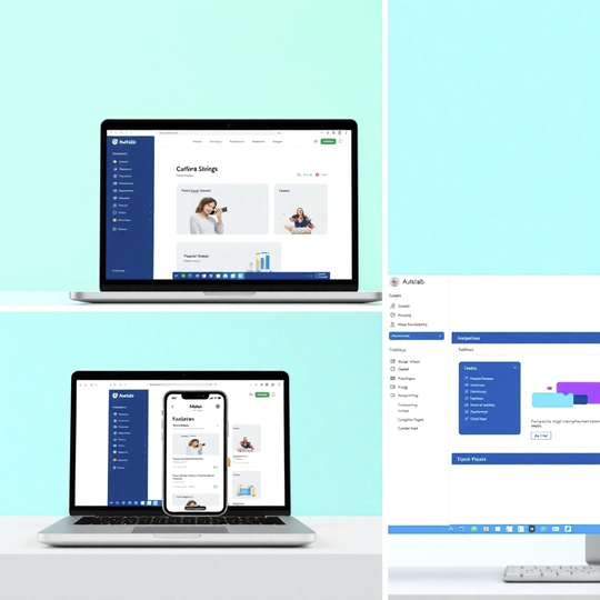 Image: A split-screen showing a website on a laptop, a mobile app on a phone, and a Windows app on a desktop. Each screen displays a similar interface, highlighting the consistency of design and functionality across platforms.  The color palette is clean and modern with a focus on the branding of Autelab. The lighting should be bright and even. Style references include minimalist design and clean interfaces. Resolution 4K.