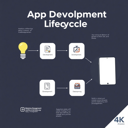 Image: A visual representation of the entire app development lifecycle, from ideation and design to development, testing, and deployment. Use a clean and professional design. Style references: Modern infographics and process diagrams. Resolution: 4K.