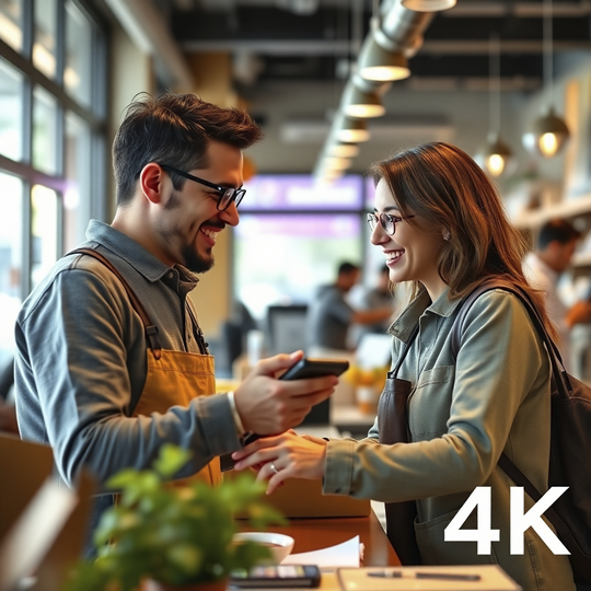 Photorealistic image depicting happy customers interacting with a business using an integrated system. Use a warm, inviting color palette to create a positive and friendly atmosphere. The image resolution should be 4K, focusing on the seamlessness of the customer experience.
