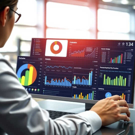 Photorealistic image of a person using a dashboard that displays integrated data from various business systems.  The data should be visually engaging and meaningful, showcasing insights.  Focus on data clarity, ease of access, and insightful representation of key metrics.  Use a modern and sleek user interface and a color palette that conveys confidence and professionalism.