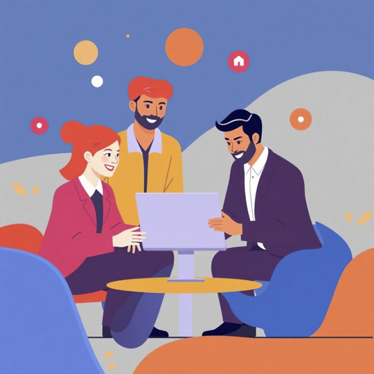 Stylized image of people from different departments collaborating effectively using a shared, integrated platform.  Use a warm and inviting color palette to represent teamwork and collaboration. The image resolution should be 4K, focusing on the positive and productive atmosphere.